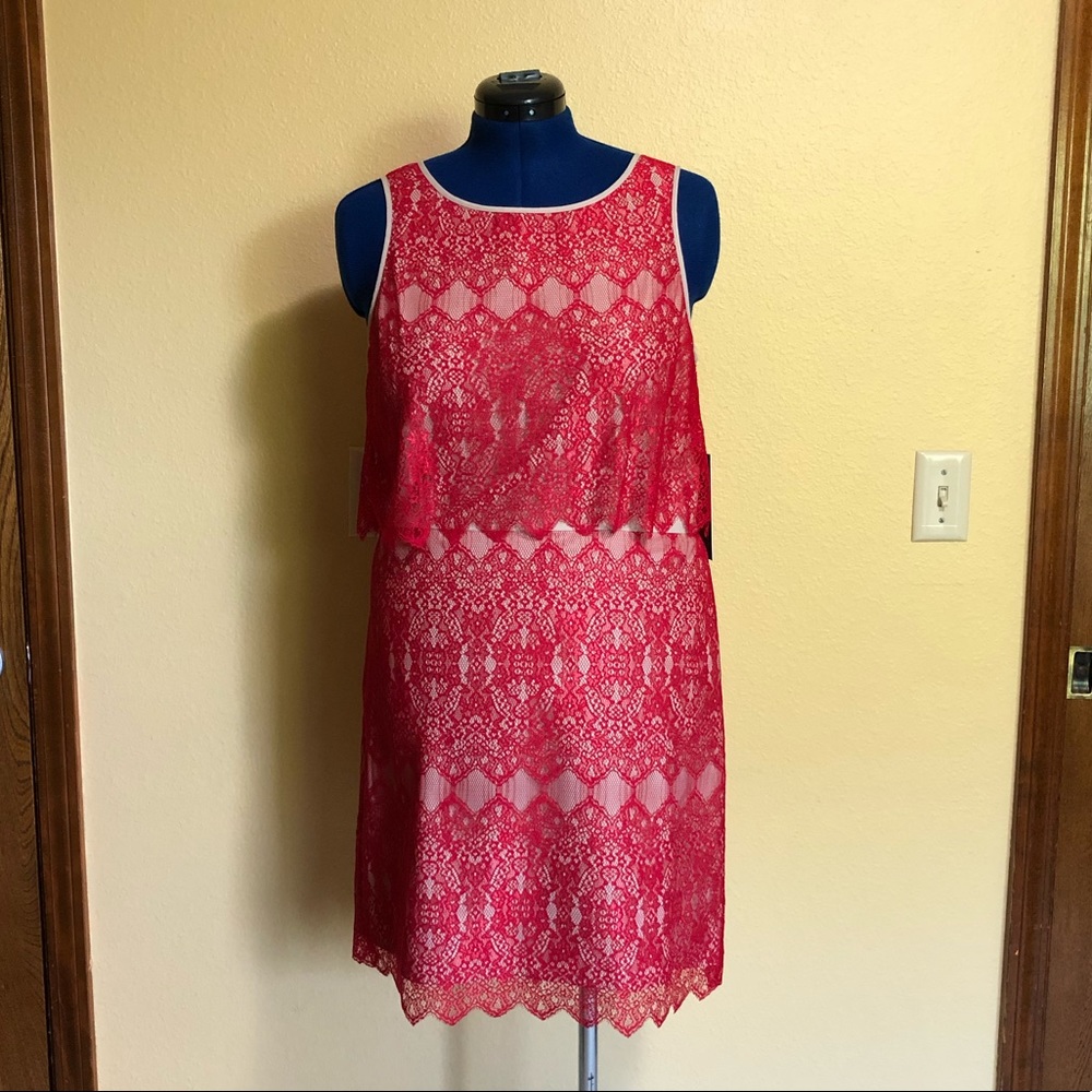 Kensie red lace over nude tiered dress